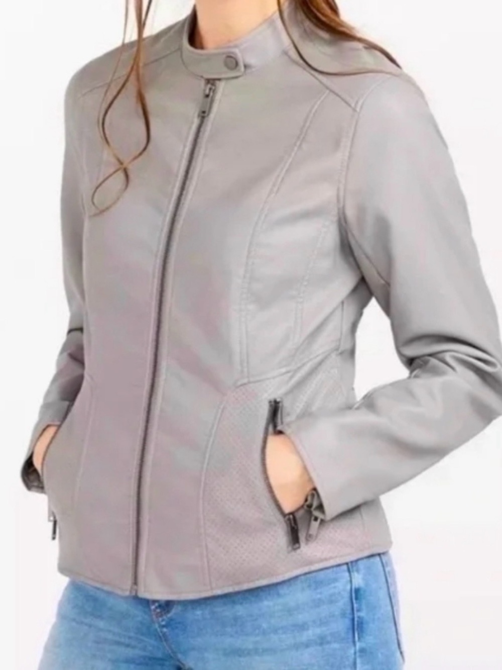 Reitmans Light Grey Faux Leather Jacket XL Moto Style Minimalist Chic